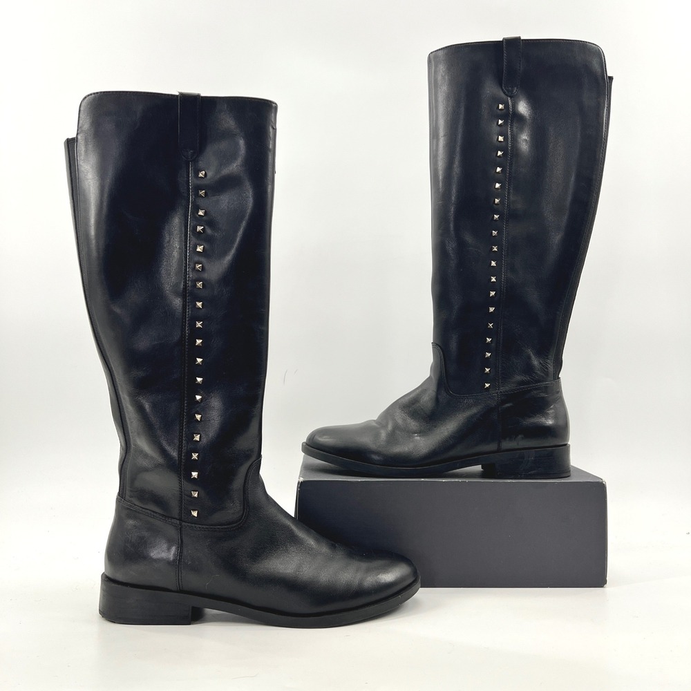 Marc Fisher Tall Black Leather Studded Riding Boots Womens 9 Low Block Heel Moto